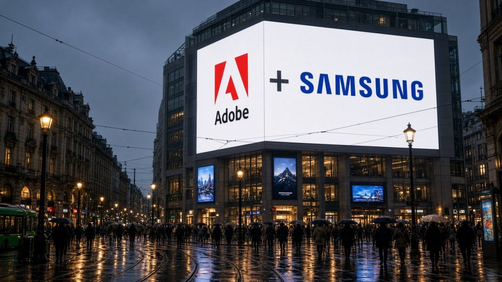 An evening city square in the rain, with a large digital billboard on a building facade showing the Adobe and Samsung logos side by side.