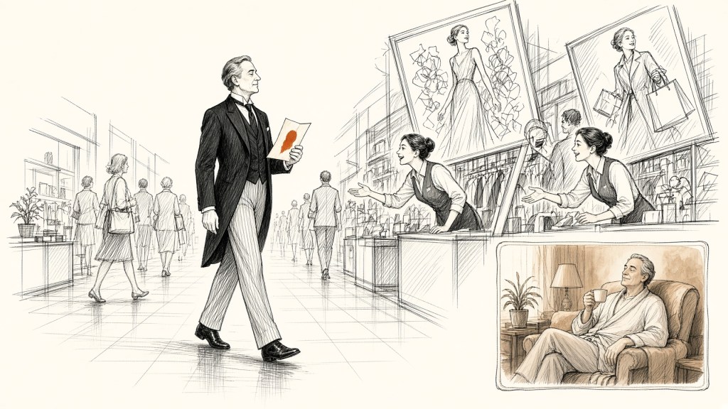 Ink drawing of a butler walking through a shopping mall with a short list while shop assistants lean out to catch his attention; inset, the customer relaxes at home.
