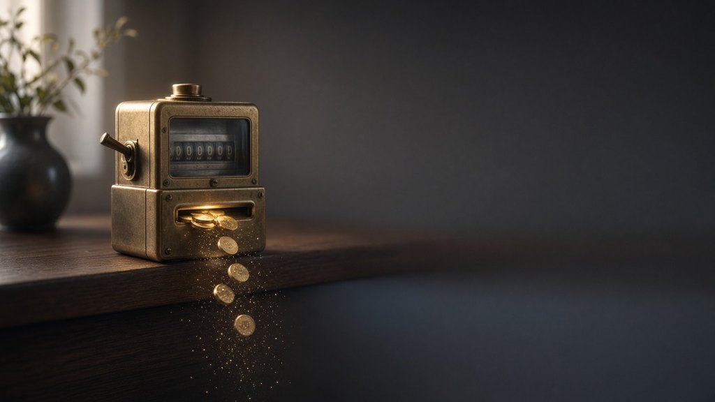 A vintage brass meter on a dark wooden desk, its counter at zero, with gold tokens falling from its slot and dissolving into glowing dust.