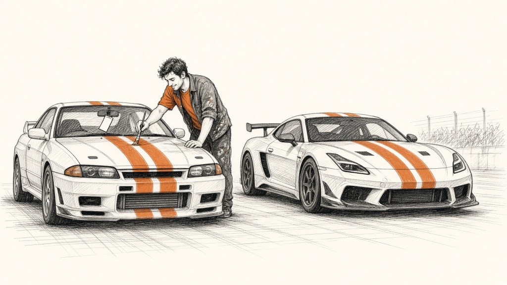 Ink drawing of a man painting orange racing stripes on a car with a rental tag, parked next to a faster factory race car with the same stripes.