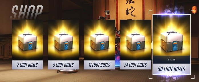 An in-game shop selling bundles of glowing loot boxes: 2, 5, 11, 24 and 50 boxes.