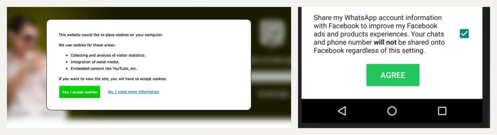 Two consent screens side by side: a website cookie banner asking to accept cookies, and a WhatsApp prompt to share account information with Facebook, with a green Agree button.