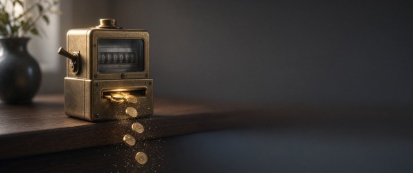 A vintage brass meter on a dark wooden desk, its counter at zero, with gold tokens falling from its slot and dissolving into glowing dust.
