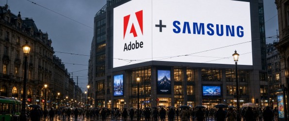 An evening city square in the rain, with a large digital billboard on a building facade showing the Adobe and Samsung logos side by side.