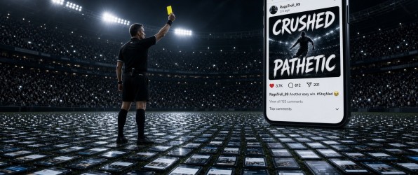 A football referee in a floodlit stadium holds up a yellow card at a giant smartphone showing an abusive social media post, standing on a pitch made of glowing phone screens.