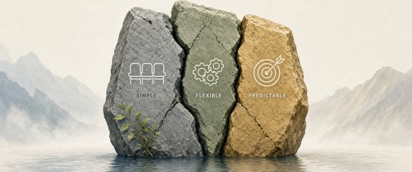 Three cracked stone blocks standing in water, marked simple, flexible and predictable.
