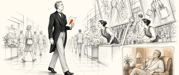 Ink drawing of a butler walking through a shopping mall with a short list while shop assistants lean out to catch his attention; inset, the customer relaxes at home.