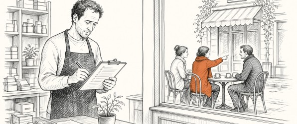 Ink drawing of a shop owner studying a clipboard, while across the street customers at a café talk about his shop and point at it.